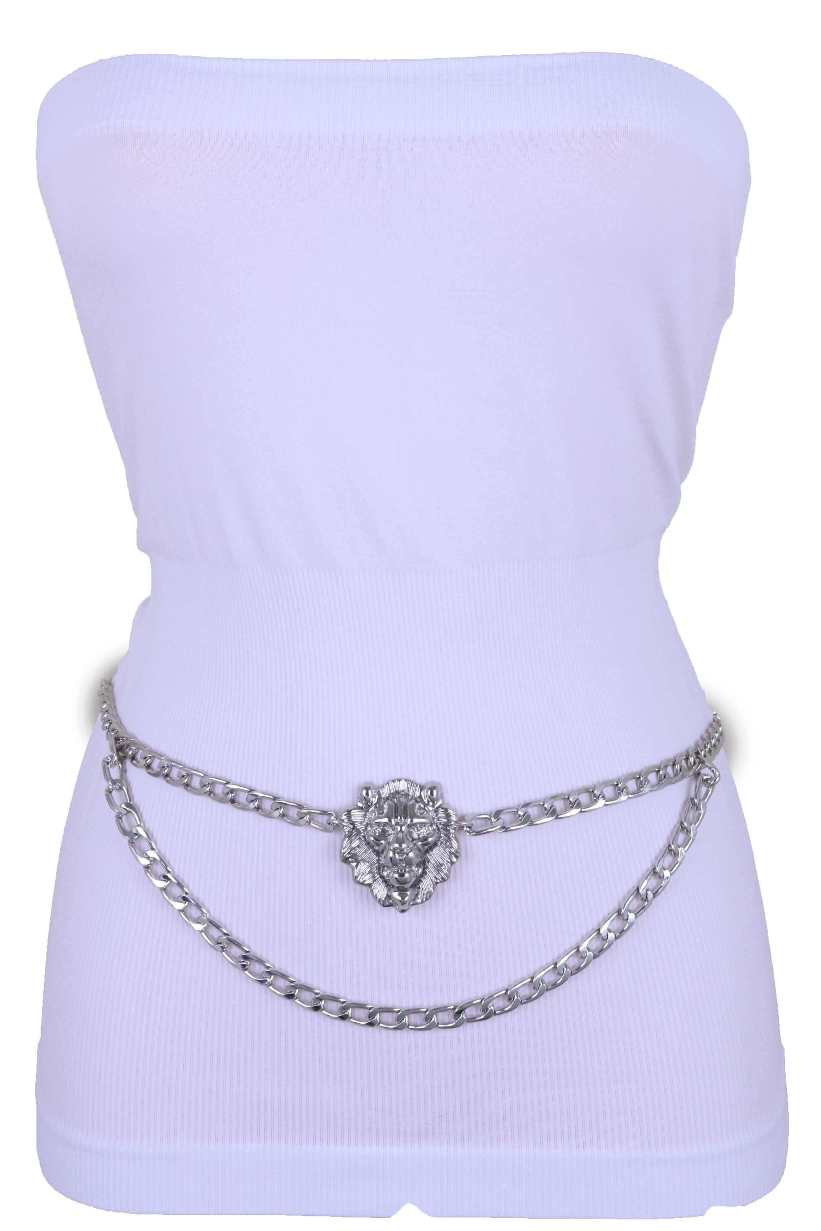Women Bling Lion Head Charm Belt Waist Hip Silver Metal Chain XL XXL
