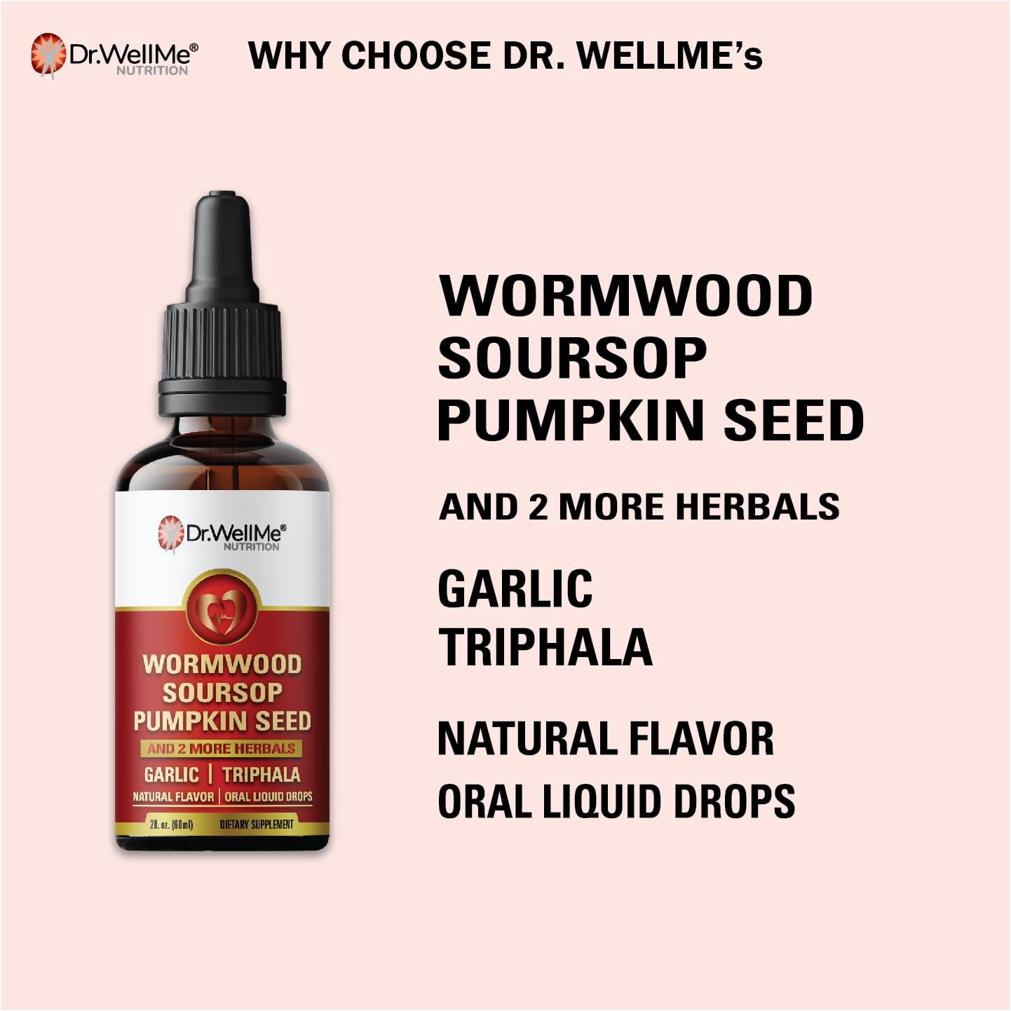 Dr.WellMe Wormwood Soursop Liquid Drops (2 fl oz, 60 ml) | Pumpkin Seeds, Black Walnut | Garlic, Triphala, Turmeric | Immune Boost, Digestive Health & Detox Support