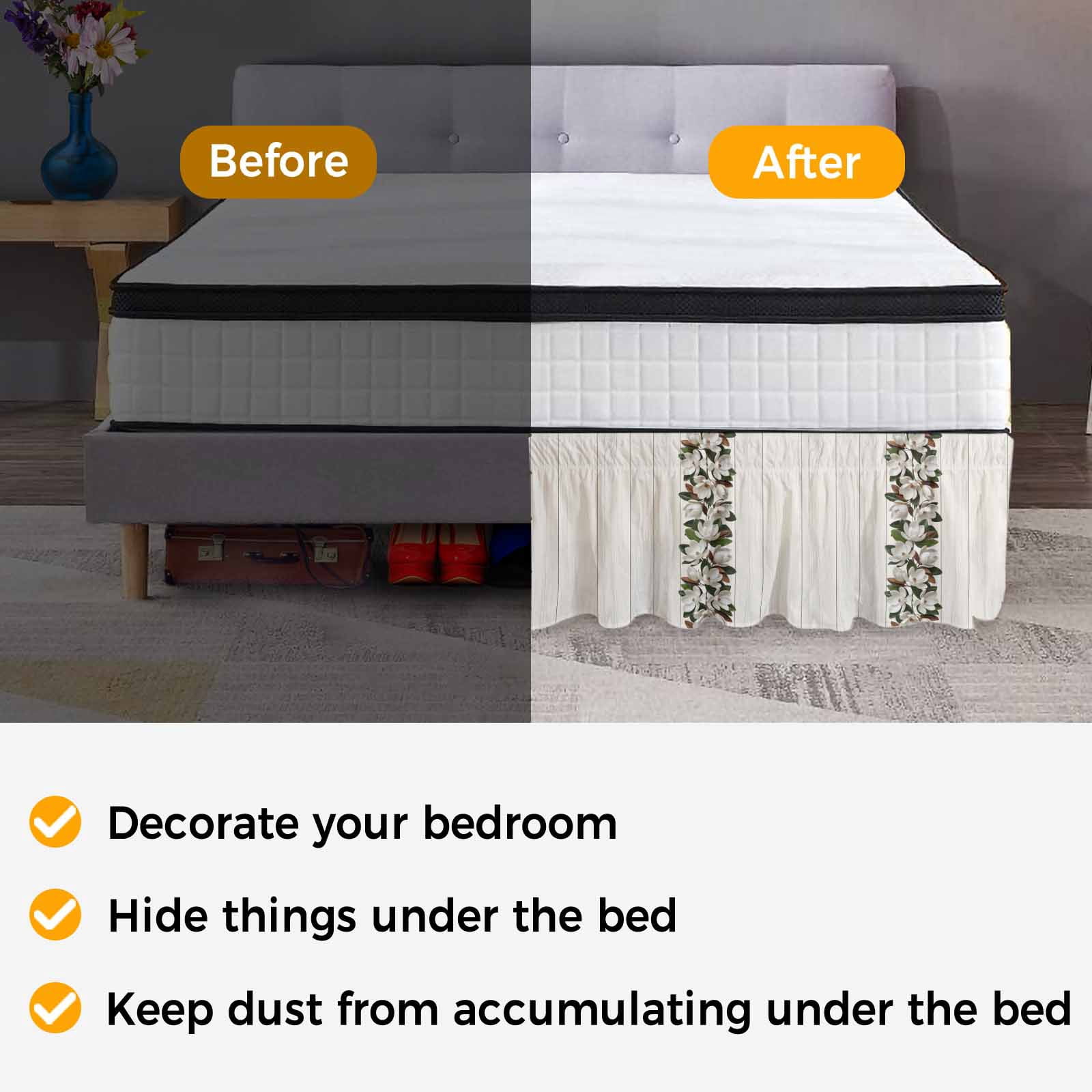 Bed Skirt Retro Magnolia Adjustable Elastic Wrap-Around Dust Ruffle with Flower Leaf Classic Beige Wood Grain Texture 16 Inch Drop, Bed Frame Cover for Queen Size Bed