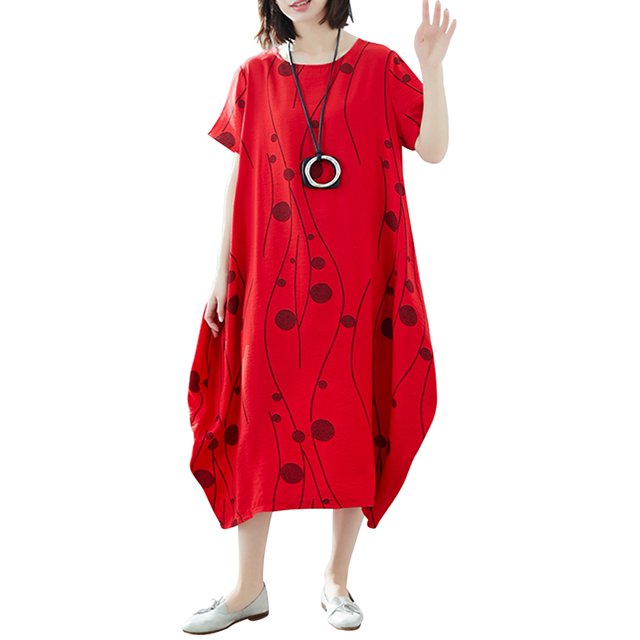 Vestido suelto vintage para mujer, vestido de lino de algodón holgado de manga corta Eccomum Rojo/XL