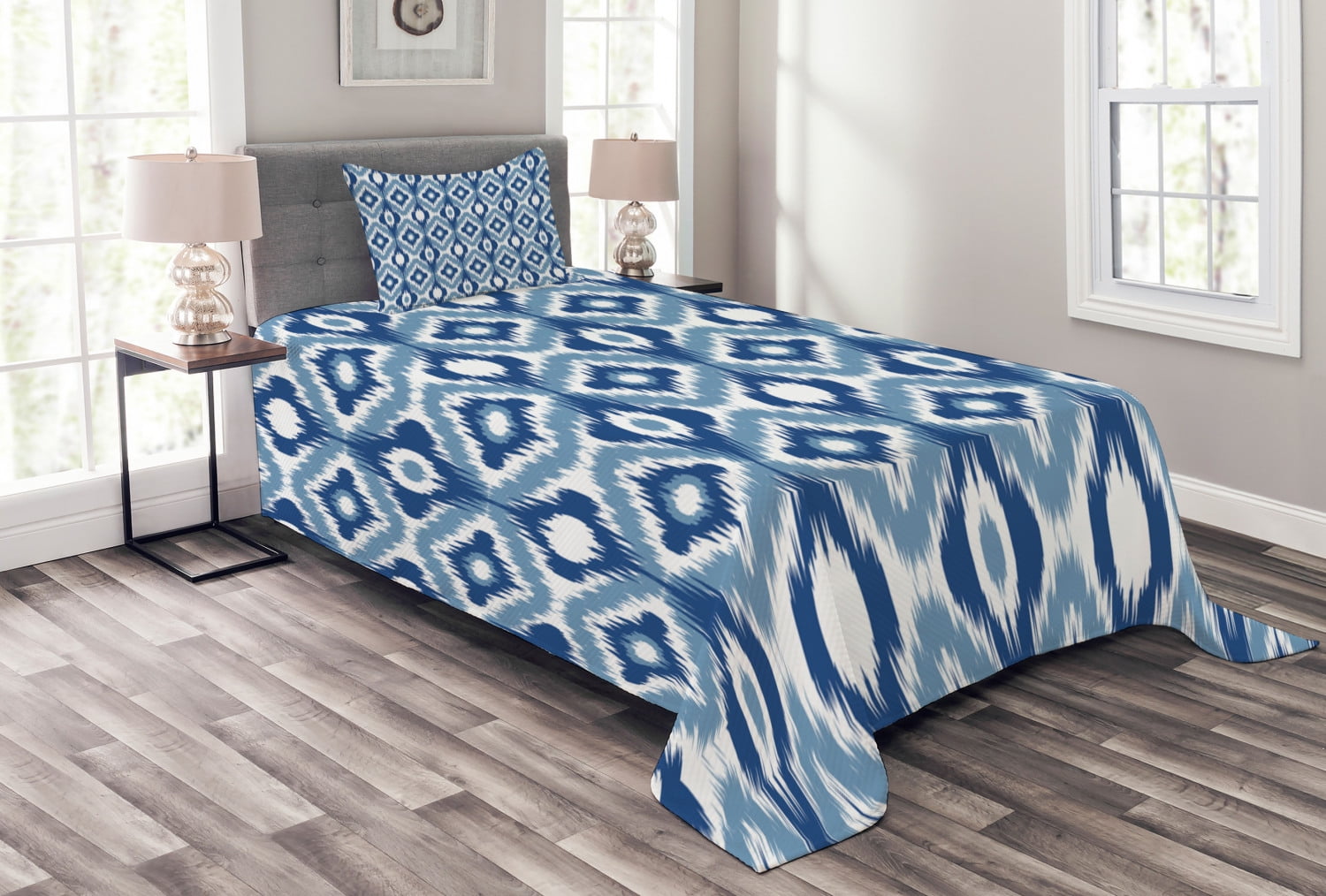 Ikat Bedspread Set Twin Size, Ethnic Ikat Design with Regular Multi