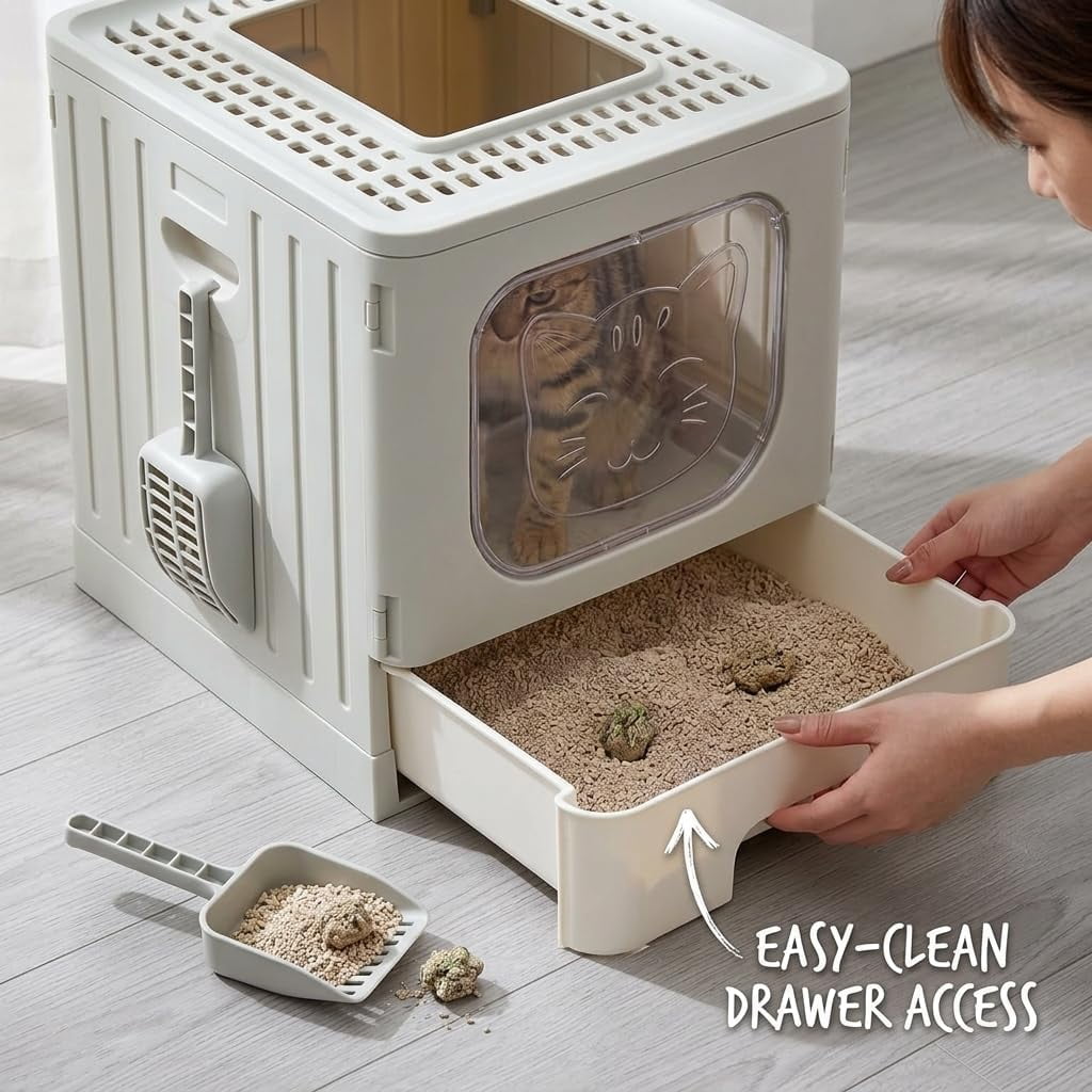 Enclosed Cat Litter Box with Lid, High-Sided Kitty Litter Pan with Drawer and Scoop, Grey