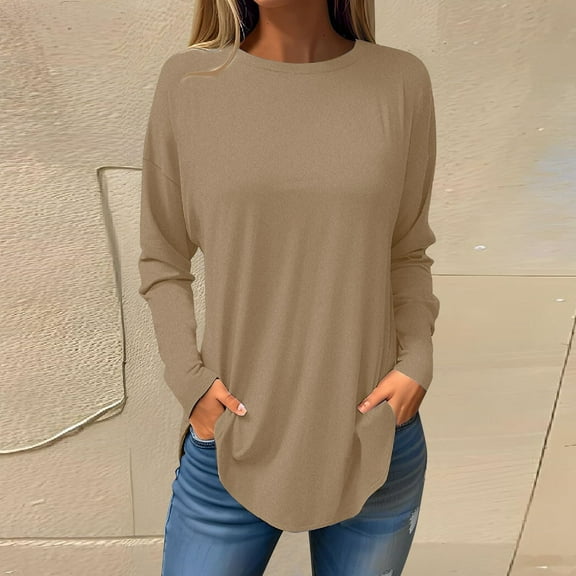 Oiangi Womens Oversized Long Sleeve T-Shirts Crew Neck Curved Hem Tees Fall Casual Comfy Tee Shirts Khaki M