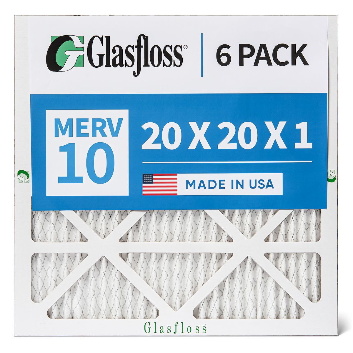 Glasfloss ZL 20x20x1 MERV 10 Pleated AC Furnace Air Filters. 6 PACK. Actual Size: 19-1/2 x 19-1/2 x 7/8