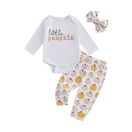 

aturustex Infant Baby Girls Halloween Clothes Set 0-18M Newborn Long Sleeve Bodysuits Letter Print Rompers Crew Neck Jumpsuits Pumpkin Print Long Pantle Girl Fashion Cute Comfy Daily Outfits