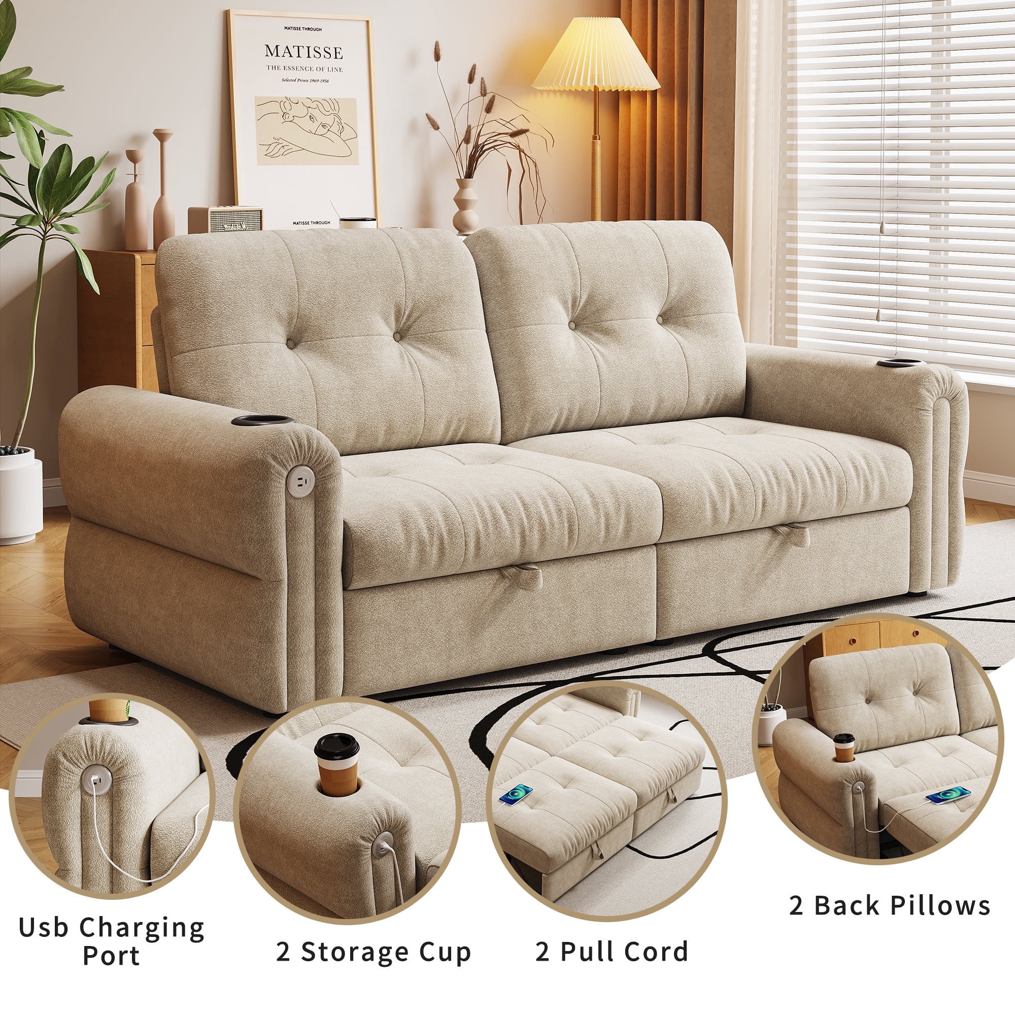 LLappuil 77" Pull Out Sofa Bed Queen Size, Loveseat Sofa Convertible Sofa Bed with USB Port Cupholders, Chenille Sofa Couch for Living Room Beige