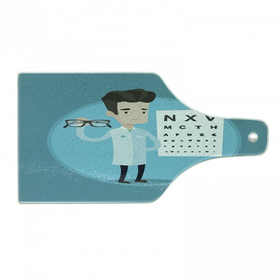 Eye Chart Cutting Board, Male Doctor Holding Glasses with an Eye Chart on the Background, Decorative Tempered Glass Cutting and Serving Board, in 3 Sizes, by Ambesonne