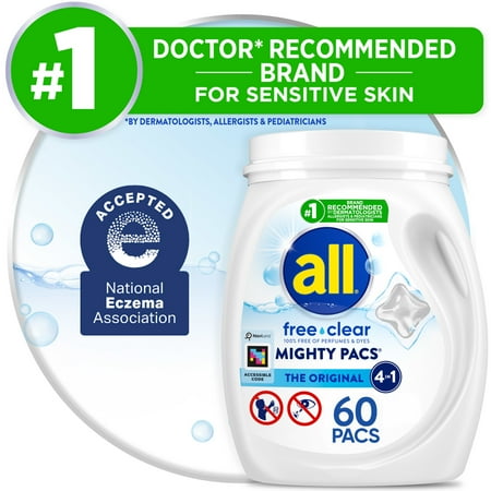 All Mighty Pacs Laundry Detergent Pacs, Free Clear For Sensitive Skin, Unscented And Dye Free, 60 Count
