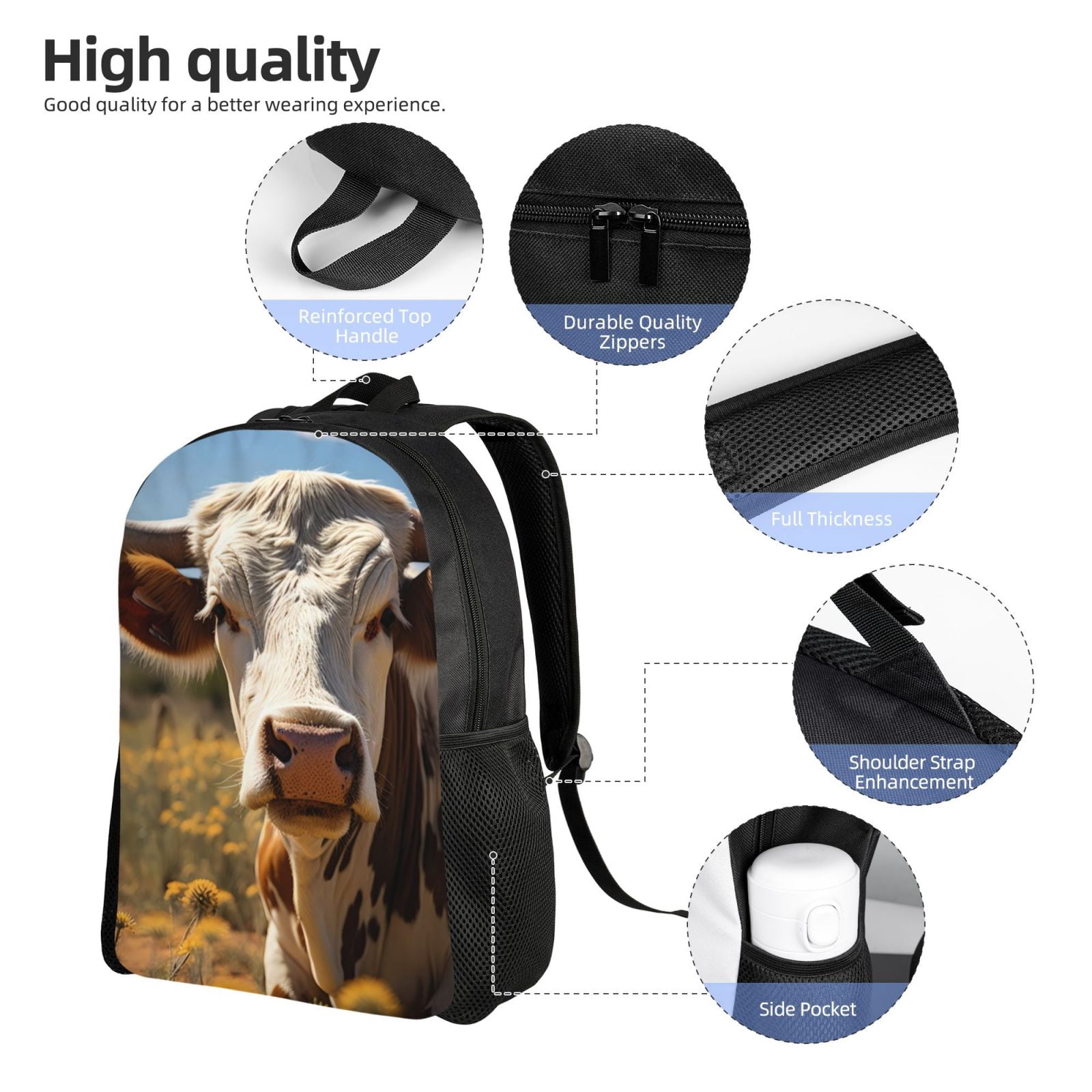 Xecao Countryside Flower Cow Print School Backpack with Laptop Compartment Small Travel Laptop Backpack for Women Men Waterproof College Backpack Simple School Bag