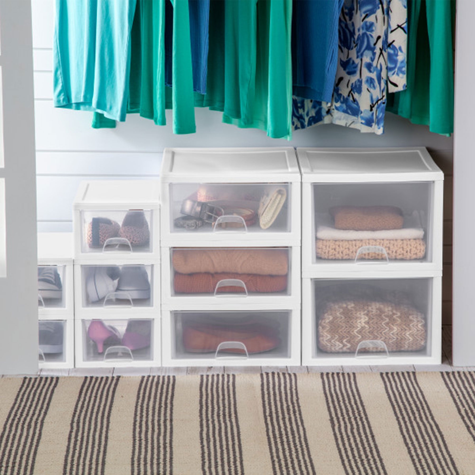 Sterilite 27 Qt Stacking and Modular Plastic Storage Drawers, White Frame, 4 Pack