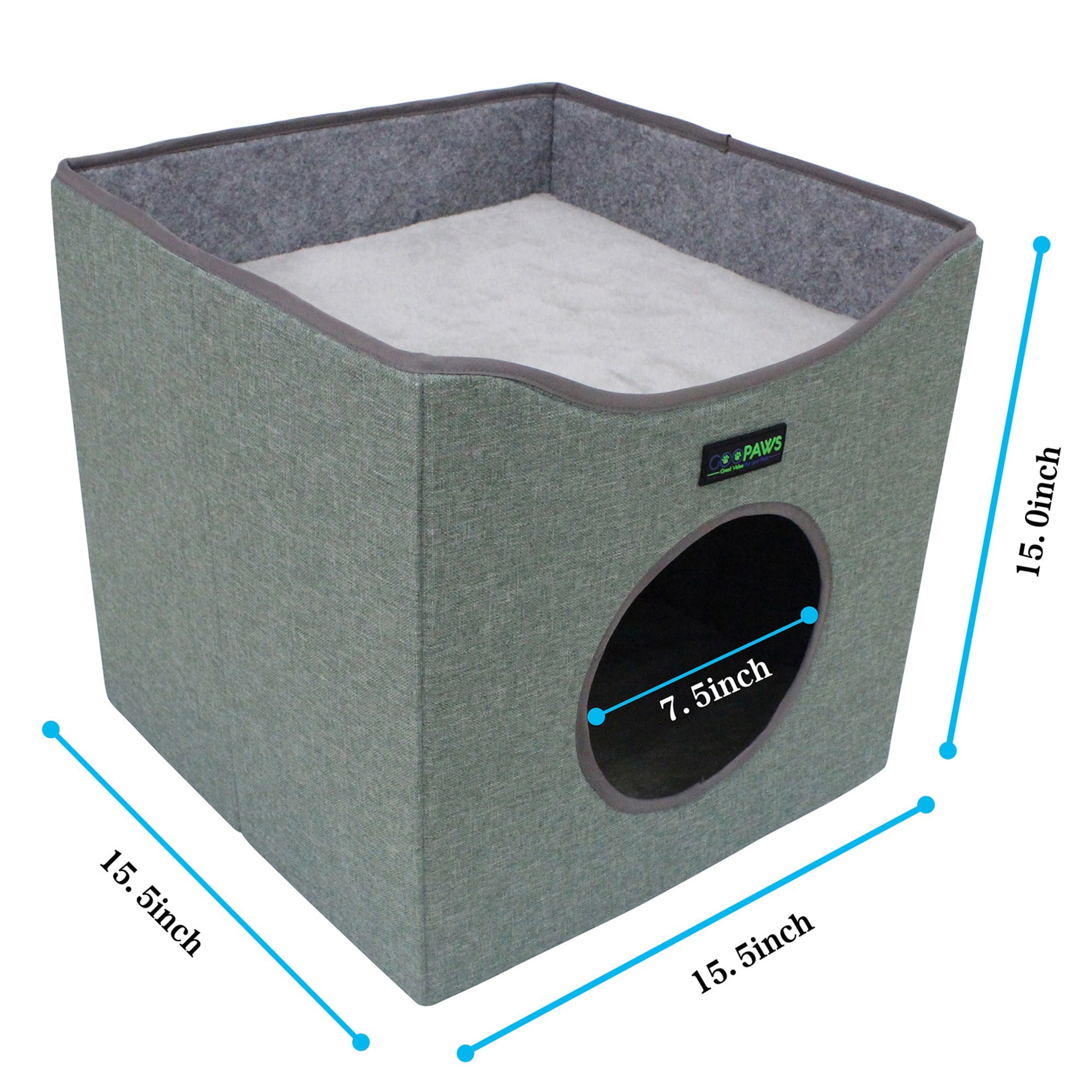 JESPET & GOOPAWS: Foldable Cat Condo - Sage Green - Cube House, Sleeper Bed Cave, Top Lying Surface, 2 Reversible Cushions, Hiding Place, 15.5 x 15"
