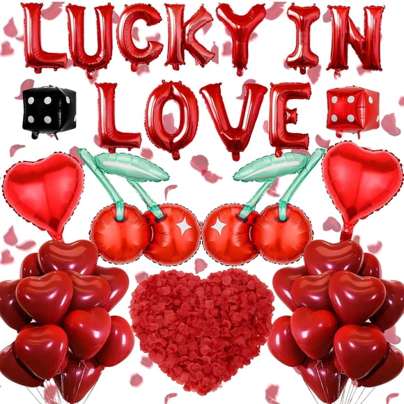 Decoraciones de despedida de soltera Lucky In Love, 46 unidades, láminas rojas en forma de corazón