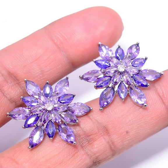 Purple Amethyst & Cubic Zirconia 925 Sterling Silver Flower Earring 0.98" E27702 , New Year Gift, New Year Sale, Valentin's Day Gift