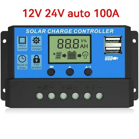 

1pc 100A Solar Charge Controller Solar Panel Controller 12V/24V Adjustable LCD Display Solar Panel Battery Regulator With USB Port 10A 20A 30A 40A 50A 60A 70A 80A 90A Solar Panel Controller