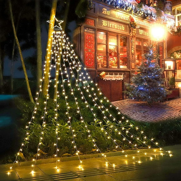 Decoration Outdoor Star String Lights,317 Led Waterfall Christmas Tree Lights with Star Tree Topper,Plug in Led Star Lights,8 Modes Fairy Twinkle Lights Outdoor for Yard,New Year,Wedding(Warm White)