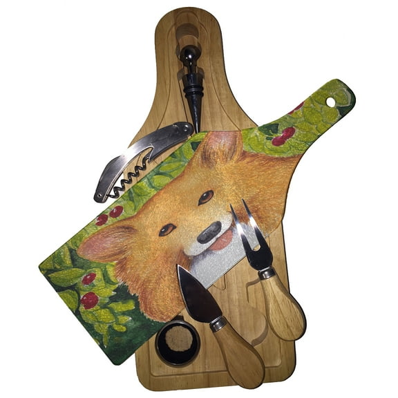 KuzmarK Wine & Cheese Glass Cutting Board Wood Box Gift Set - Welsh Corgi with Cherries Art by Denise Every