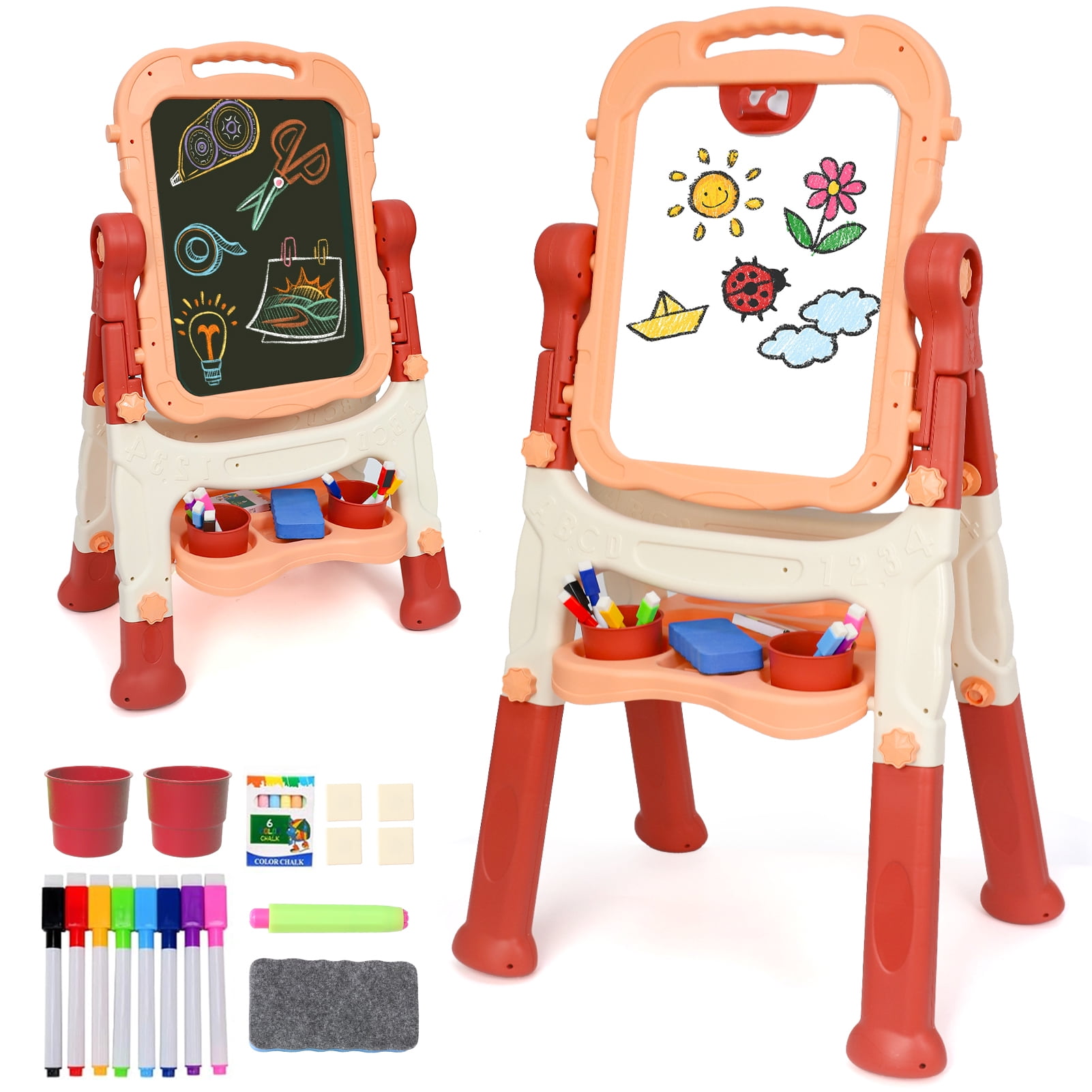 Kids Easel for Toddlers Age 3+, Art Magnetic White Board & Chalkboard Double Side Adjustable Stand, Drawing Writing Learning Educational Toy for 3 4 5 Year Boys Girl Birthday Gifts, Pink