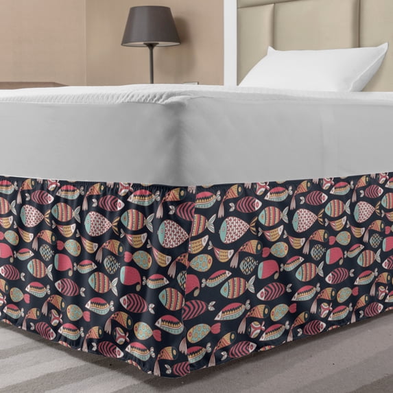 Nautical Bed Skirt, Abstract Design Ornamental Fish Pattern Childish Doodle Style Print, Elastic Bedskirt Dust Ruffle Wrap Around for Bedding Decor, 4 Sizes, Multicolor, by Ambesonne