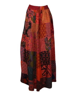Mogul Women Patchwork Long Skirt Elastic Waist Cotton Vintage Indian Style Handmade A-Line Long Skirts S/M