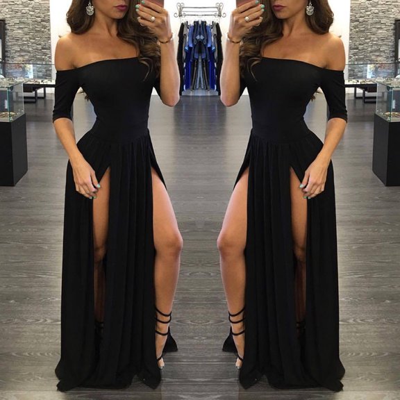 Huowey Party Dresses For Women Solid Color Off The Shoulder Short Sleeve Boat Neck Ruched Pleated Slim Fit High Split Long Length Bodycon Maxi Dress Wedding Gowns Clubwear,Black,L