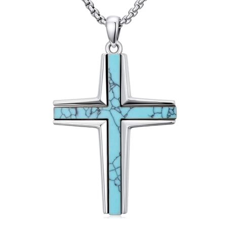 Mens Turquoise Cross Necklace, 925 Sterling Silver Western Religious Cross Pendant, Vintage Jewelry for Him