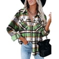 thumbnail image 1 of Camisa de manga larga con botones para mujer, blusa informal de moda con cuello vuelto a cuadros, blusa con bolsillo verde M, 1 of 3