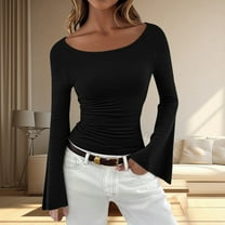 Women's Long Sleeve Shirts Crop Tops Boat Neck Bell Sleeve Ribbed Ruched Shirt (Black L)