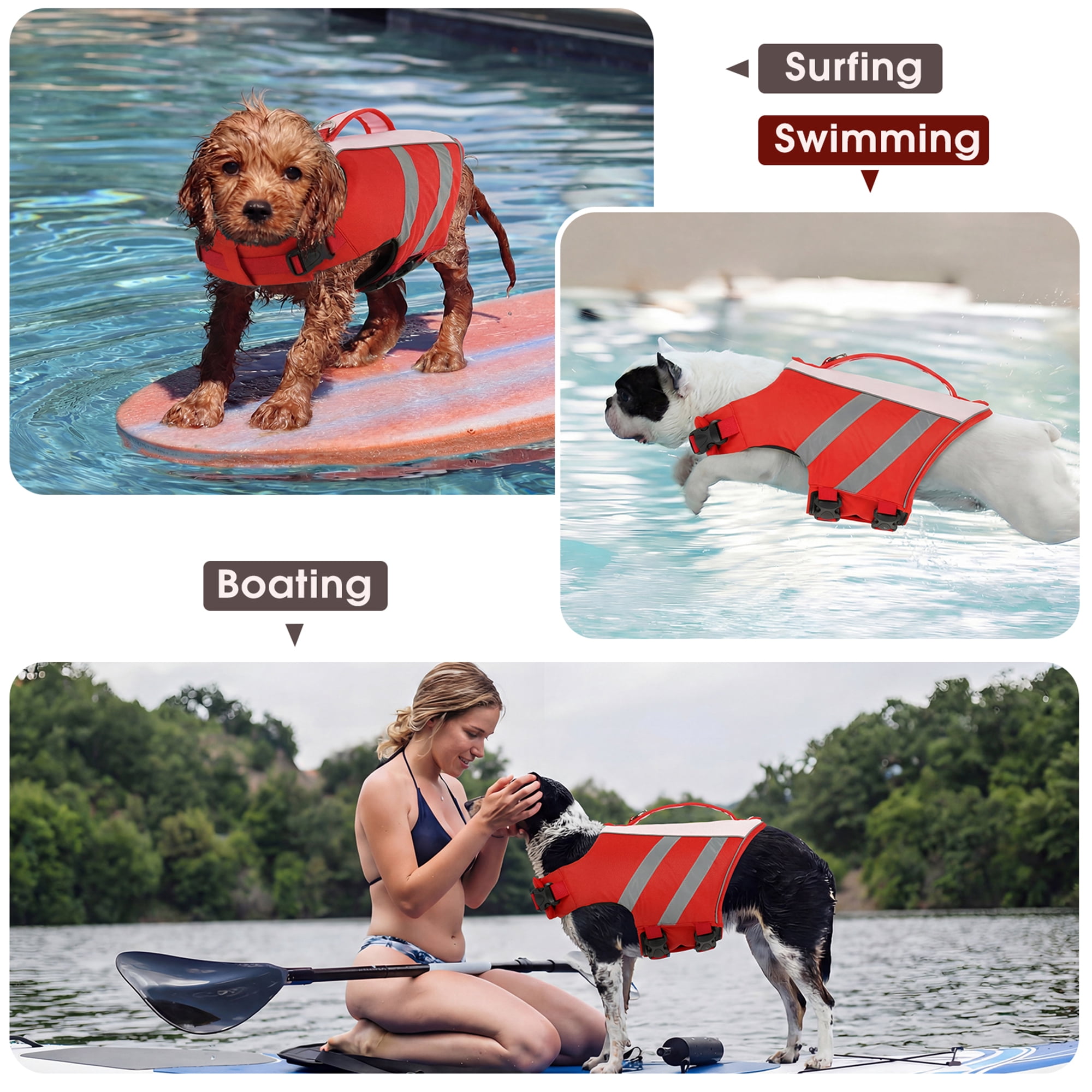 IDOMIK Dog Life Jacket with Reflective Strips, High Flotation Small Dog Swim Vest with Rescue Handle and D-Ring for Boating, Swimming and Surfing, Red