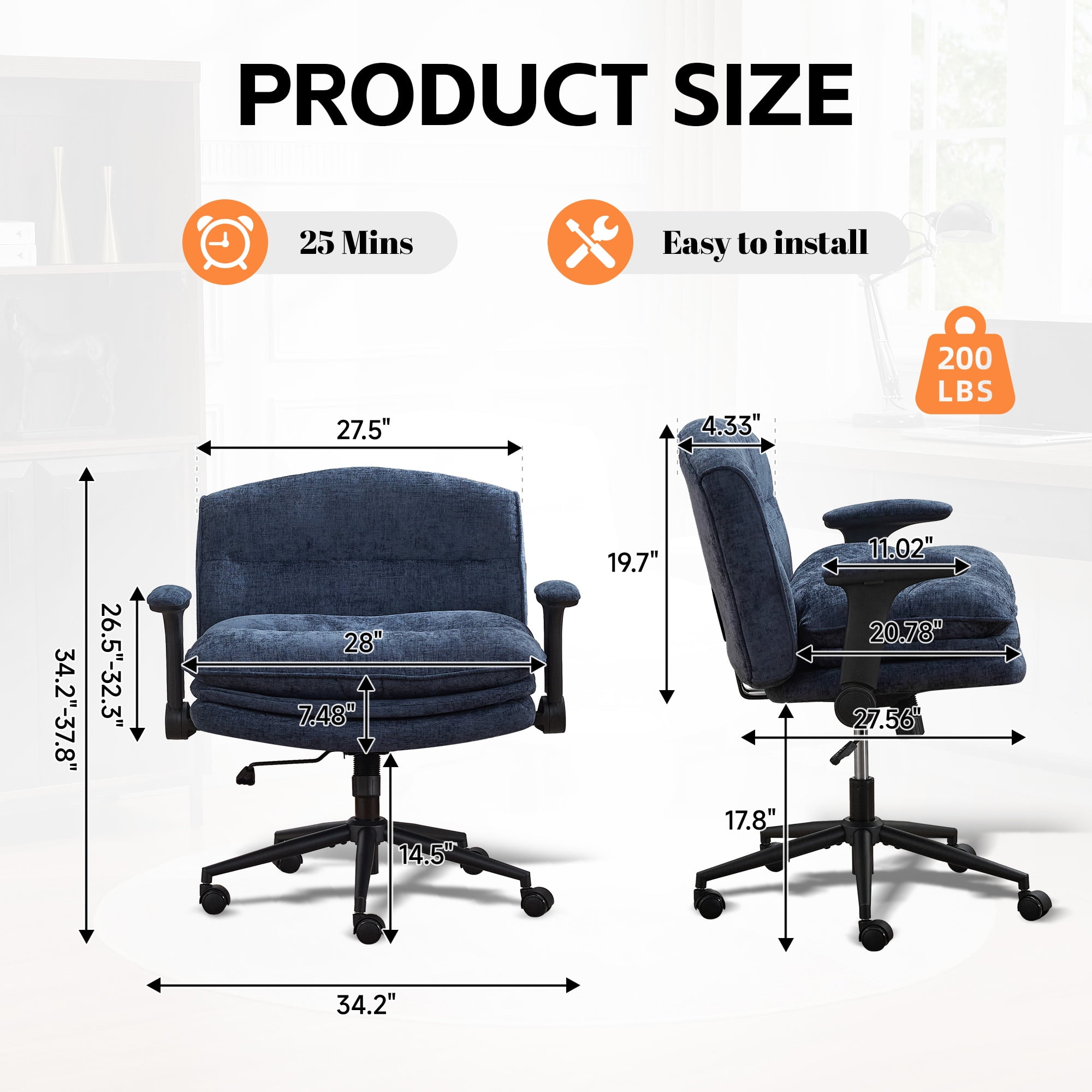 DOMICARE Criss Cross Chair with Flip-Up Arms, Wide Cross-Legged Office Chair with Wheels, Swivel Vanity Desk Chair, Blue Chenille