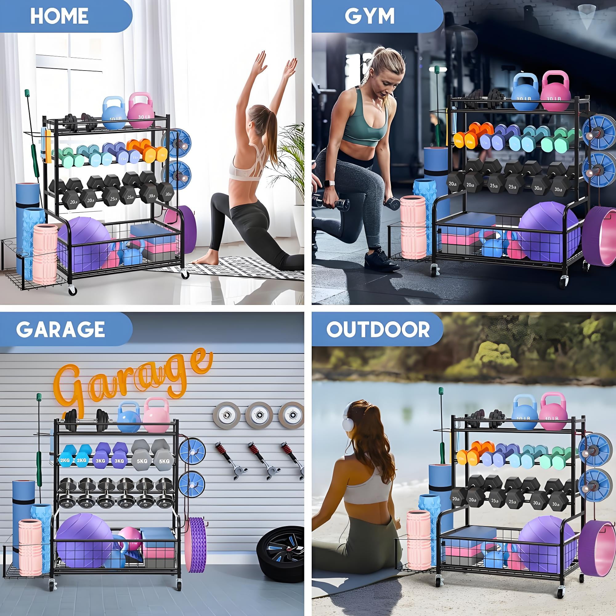 Weight Rack,Blacksmith 4-Layers Extra Large Heavy Duty Dumbbell Rack,Sports Equipment Organizer with Wheels and Hooks,Black