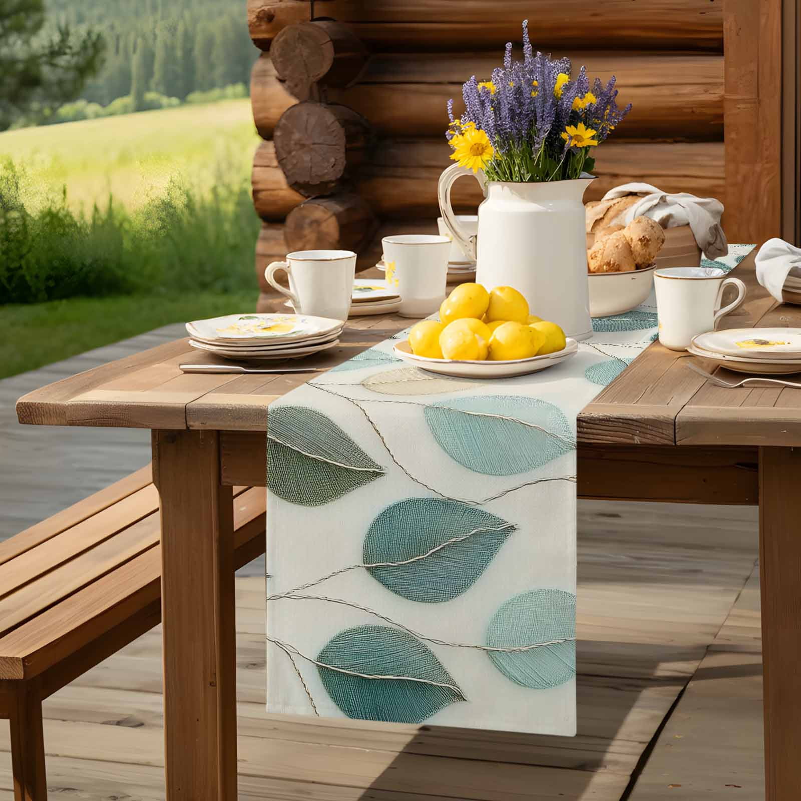 Farmhouse Teal Green Leaf Table Runner 90 Inches Long, Vintage Watercolor Leaves Table Runners Tabletop Scarf Kitchen Dining Tables Decoration for Home Party Indoor Outdoor