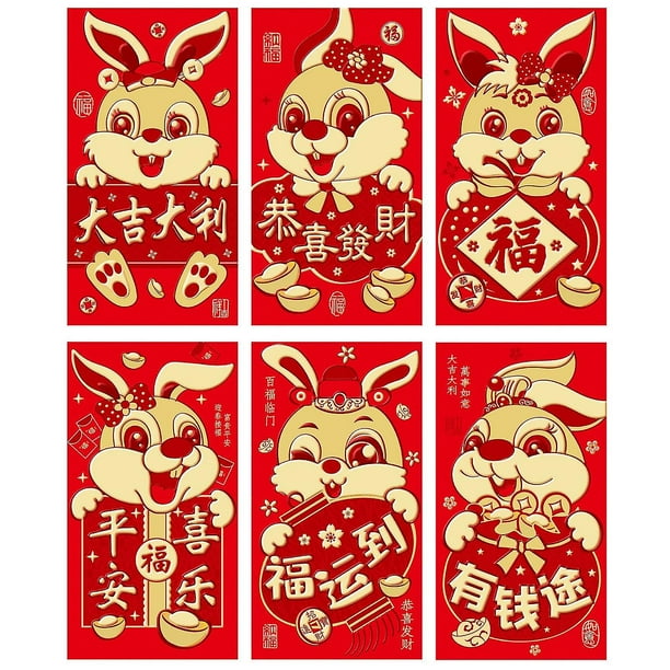 Farfi 6 uds sobres rojos diseño dorado papel con patrón de conejito de dibujos animados 2023 Festival del año del conejo chino Hongbao bolsillo para dinero para niños