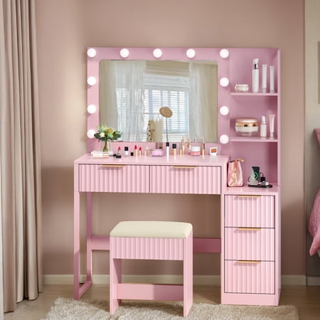 Alvantor 42.98 in Makeup Vanity Desk with 11-Bulb Lighted Mirror, Power Strip, 5 Drawers, 2 Shelves and Stool, Pink