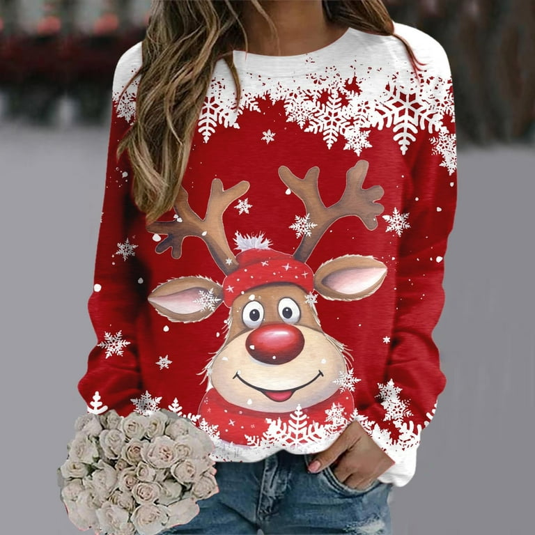 Sweaters For Women Christmas Teen Girls Long Sleeve Crewneck Sweatshirt Cute Reindeer Graphic Xmas Shirts Designer Sweatshirts Women Fuzzy Winter Outfits Women Fleece Set Knit Shirt Fitted Womens Walm...