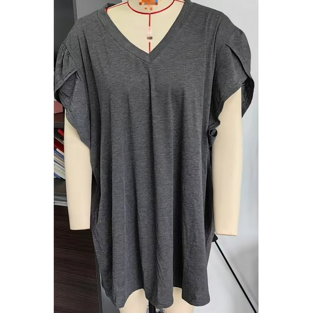 Camisa de manga corta con cuello en V,Blusa de manga corta con cuello en V y manga de pétalo de gran tamaño para mujer Probado y confiable