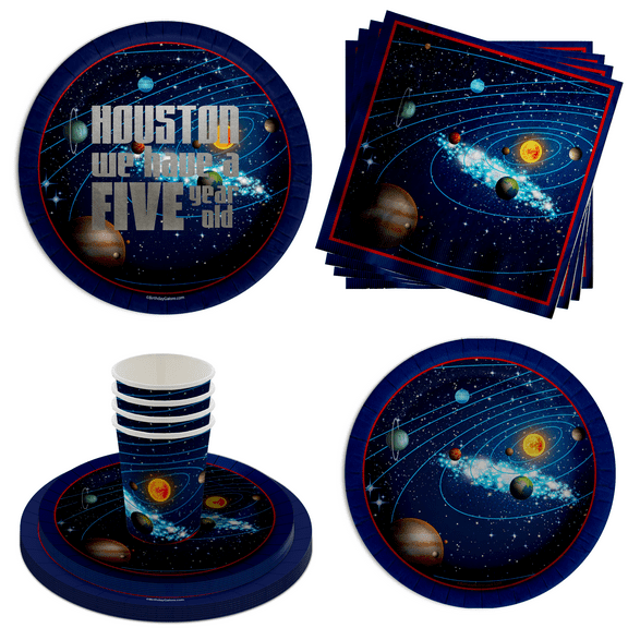 Houston We Have a Five Year Old Space Birthday Party Supplies - Boys 5th Birthday Party Supplies 64 Piece Tableware Set Includes Large 9" Paper Plates Dessert Plates, Cups and Napkins Kit for 16