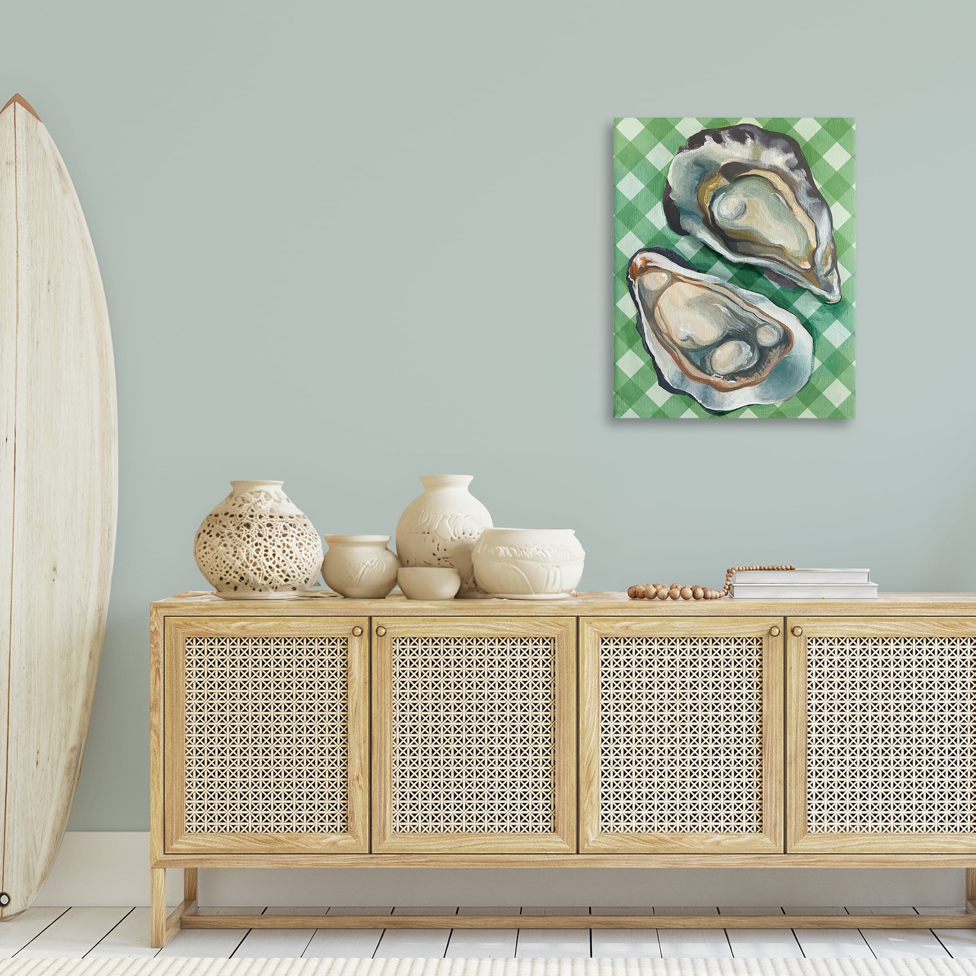 Stupell Industries Oysters on Green Plaid Animals Painting Wrapped Canvas Art Print Wall Art, 24 x 30