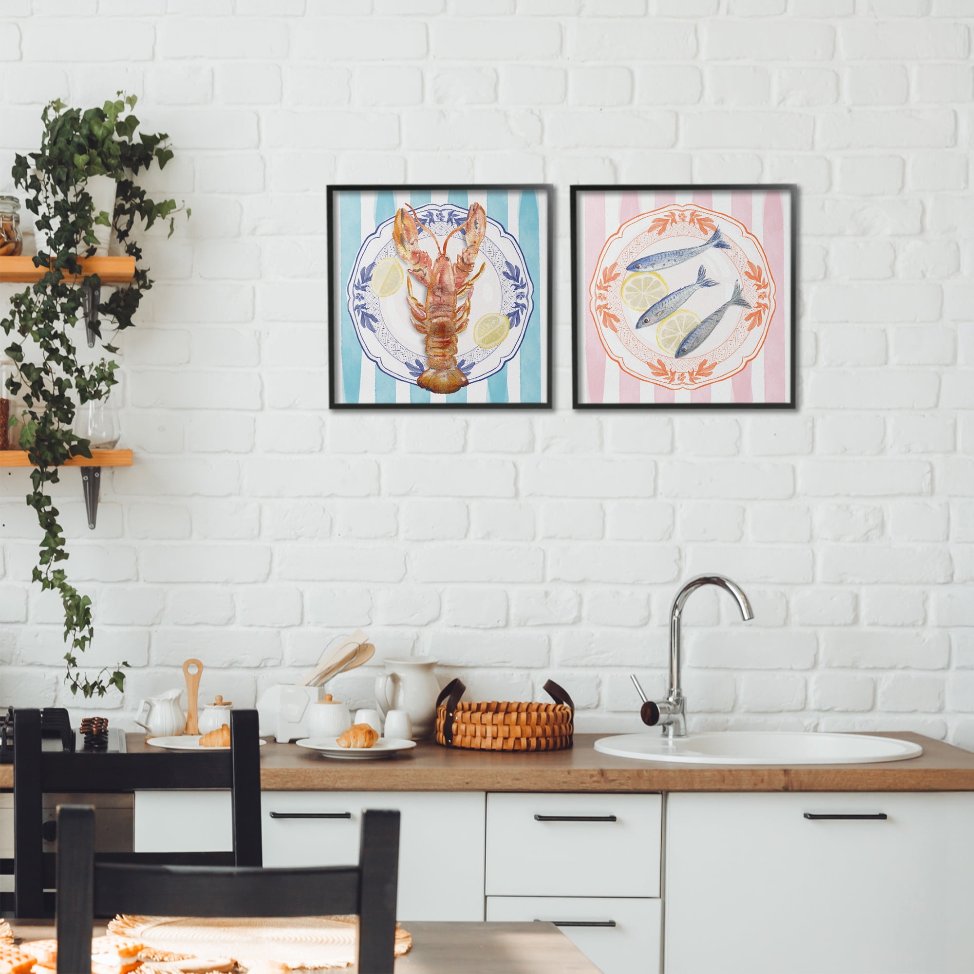 Stupell Industries Lobster & Sardines Plates 2 Piece Black Framed Giclee Art Set, design by Christie Adams