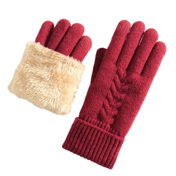 Xfvqtps Women Knit Gloves with Plush Lined Warm Winter Gloves Rib Thickened Cozy Soft Stretchy Extended Mittens for Women Red