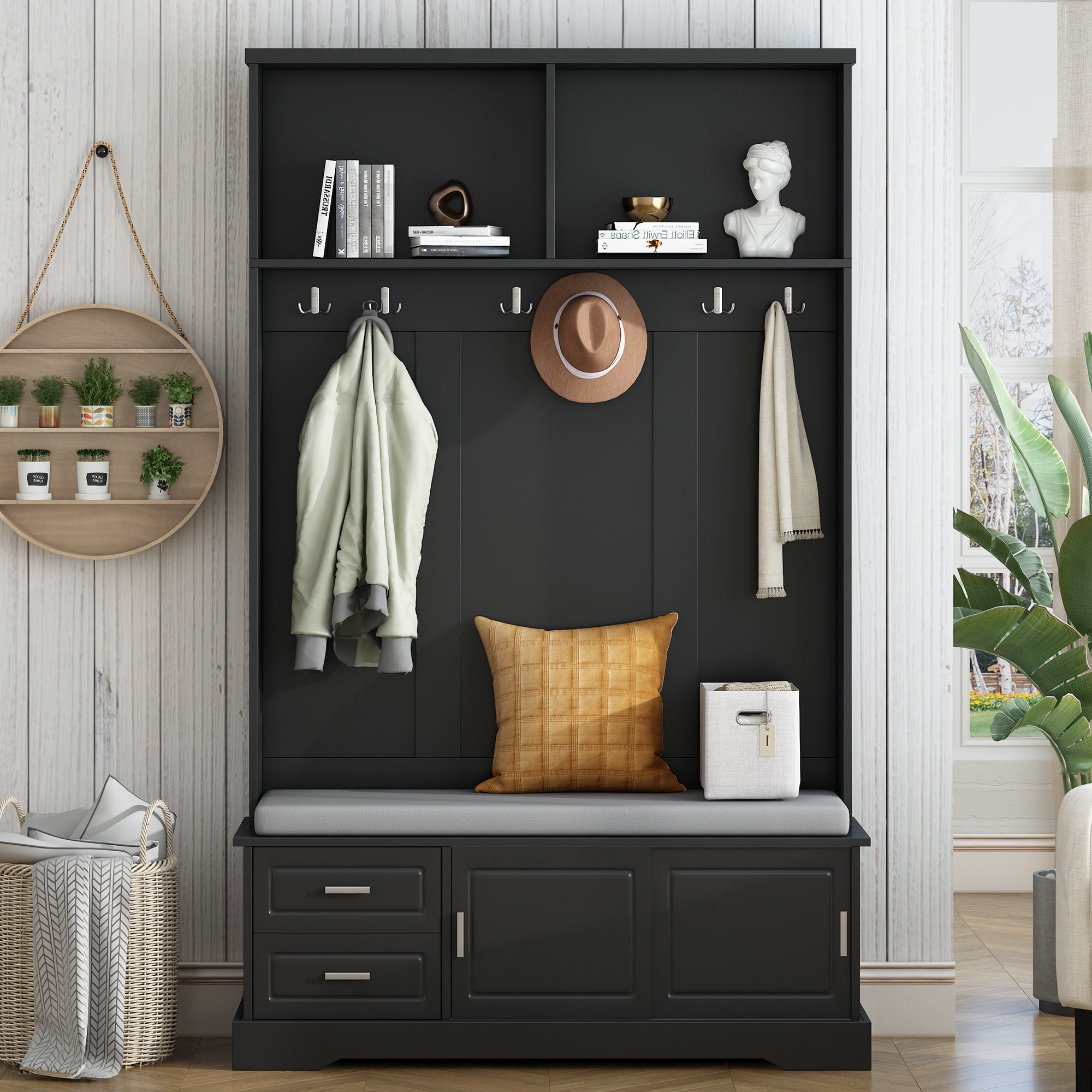 MAYEERTY Elegant Hall Tree:Sliding Doors, 6 Hooks & Handles, Mudroom Bench Cabinet with Shoe Storage, Black