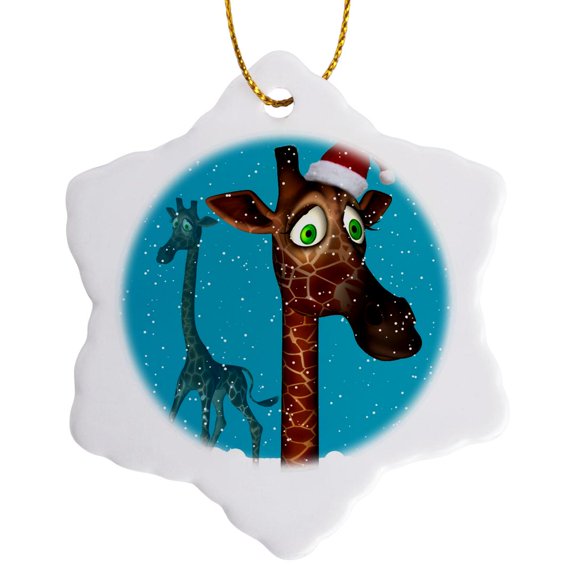 3drose, Christmas Giraffe in Snow, 3 inch Snowflake Porcelain Ornament