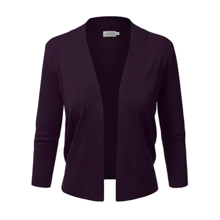 Doublju Women's Basic 3/4 Sleeve Open Front Cropped Cardigan DARKPURPLE XL