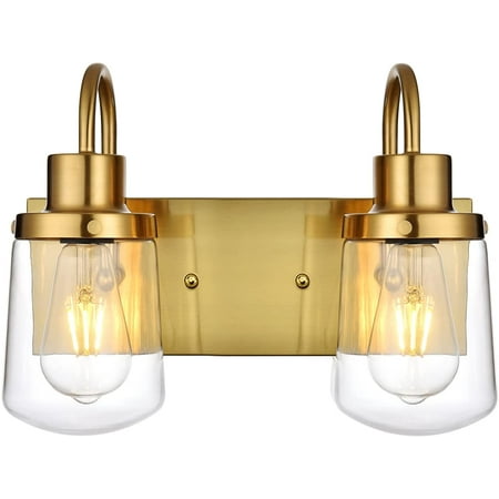 Bathroom Vanity Light Fixtures In Brushed Brass 2 Farmhouse With Clear Glass Shades Lighting Over Mirror Fixture Indoor Canada Bathroom Vanity Light Fixtures In, Brushed Brass Light Fixtures Bathroom