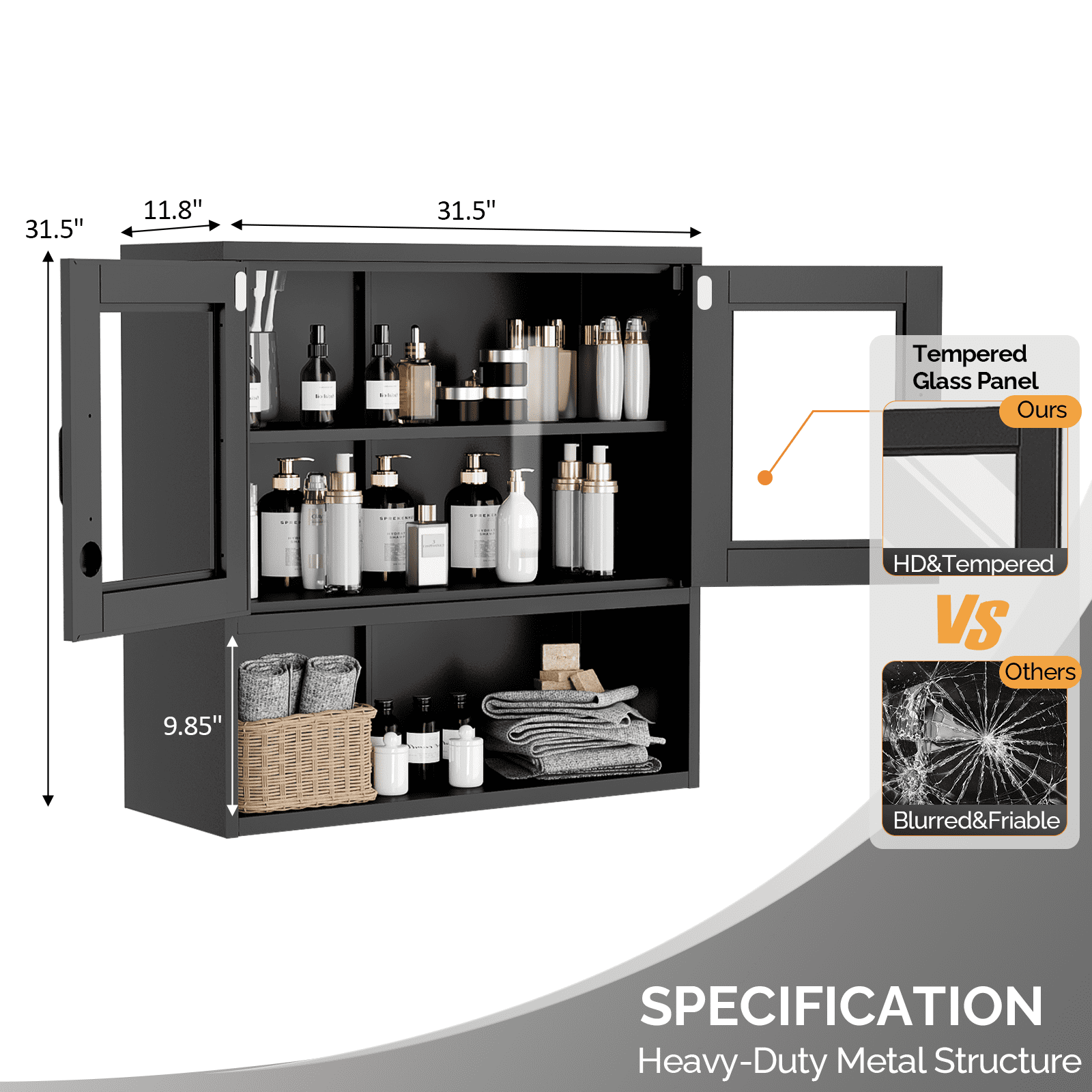 Wall Cabinet Without Lights, Steel Display Case, Black 31.50"X 31.50"X11.81"