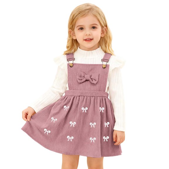 Christmas Toddler Baby Girl Outfits Long Sleeve Ribbed T-Shirt Bow Overall Dresses Suspender Skirt Set Fall Winter Clothes Toddler Holiday Party Wear