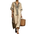 thumbnail image 2 of BRELIL Women Plus Size Two Piece Sets V Neck Short Sleeve Shirt Wide Leg Long Pants Casual Lounge Solid Boho Vacation Travel Outfits Fall Summer Tracksuit, Khaki 3XL, 2 of 8