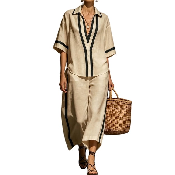 Guluxicc 2 Piece Womens Matching Sets Turndown Collar Short Sleeve Contrast Stripe Top High Waist Wide Leg Pants Outfits for Summer Casual Wear