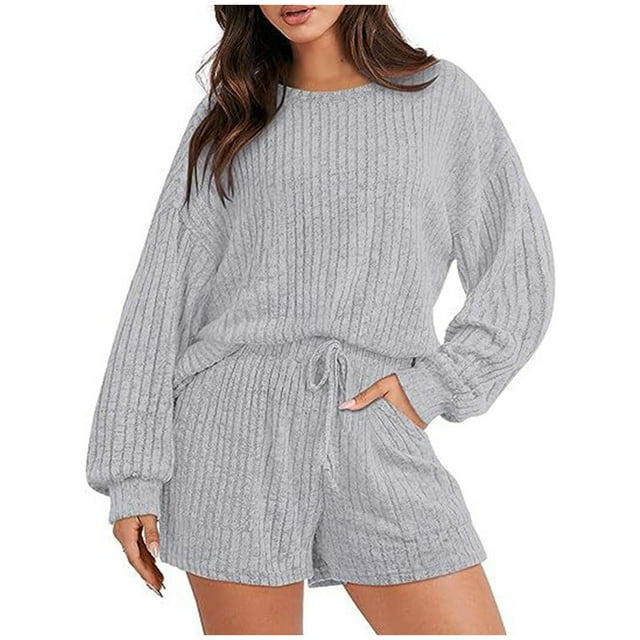 Bowake Womens 2 Piece Outfits Crewneck Knit Pullover Sweater Shorts Set Wide Leg Matching Set Loungewear with Pockets
