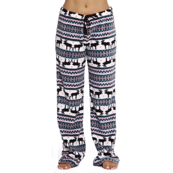 Just Love Women's Plush Pajama Pants - Cozy Lounge Sleepwear (White - Moose Fairisle, Large)