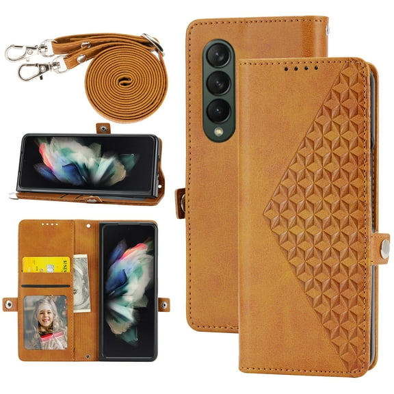 Case for Samsung Galaxy Z Fold 4 5G, Magnetic Matte Premium PU Leather Stand Flip Cover with Card Slots and Wallet, Shockproof and Full Body Protection Compatible with Z Fold 4 - Yellow